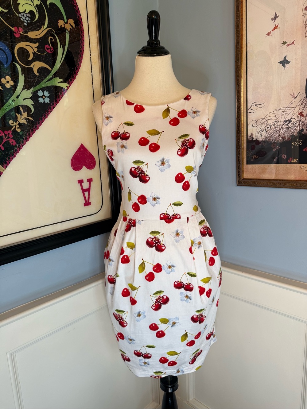 Retro White Cherries Print Dress Sz L